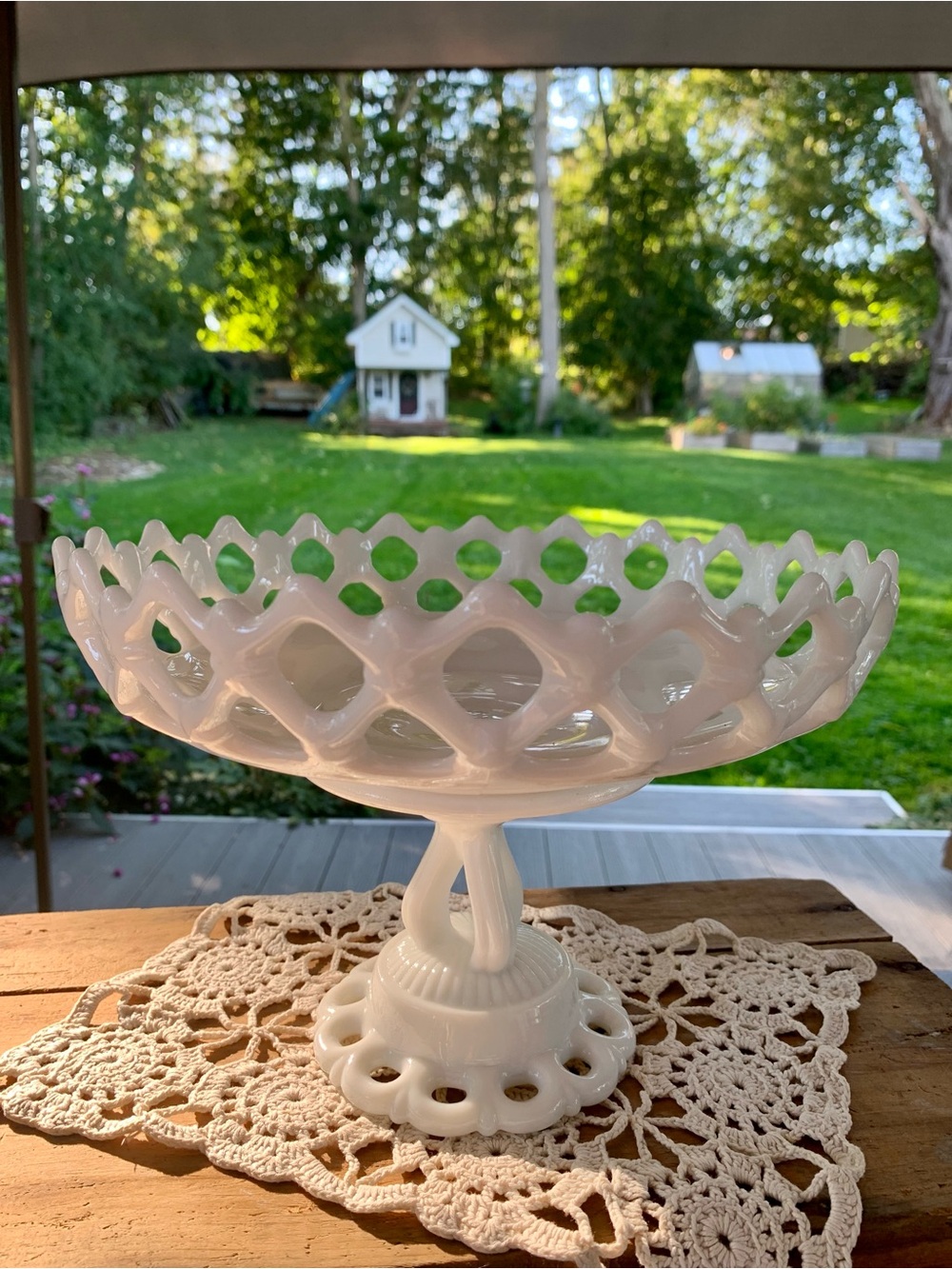 Vtg Westmoreland White Lattice Milk Glass Doric Lace Pedestal Compote